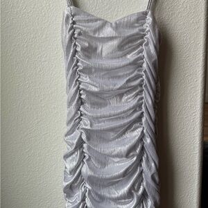 Katie J NYC Shimmering Silver Ruched Dress